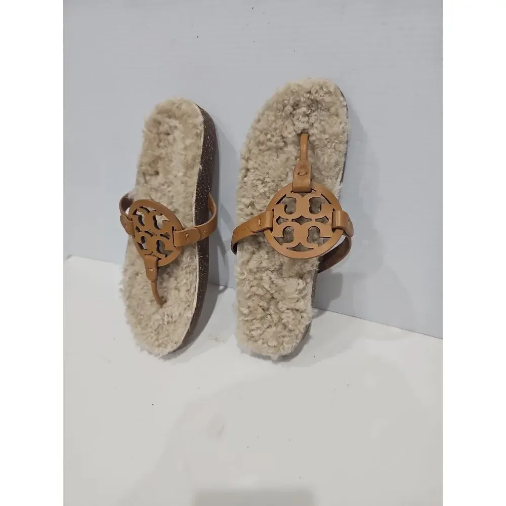 TORY BURCH MILLER Cloud THONG SANDAL Shearling Caramel Corn/Buttermilk Sz 9.5